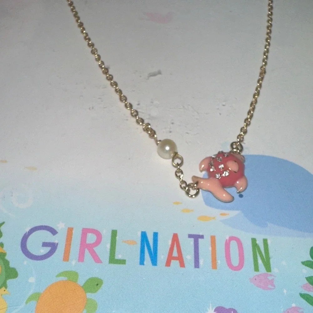 Girl Nation 14K Gold Plated Pink Enamel Fish Crystal Necklace Hypoallergenic